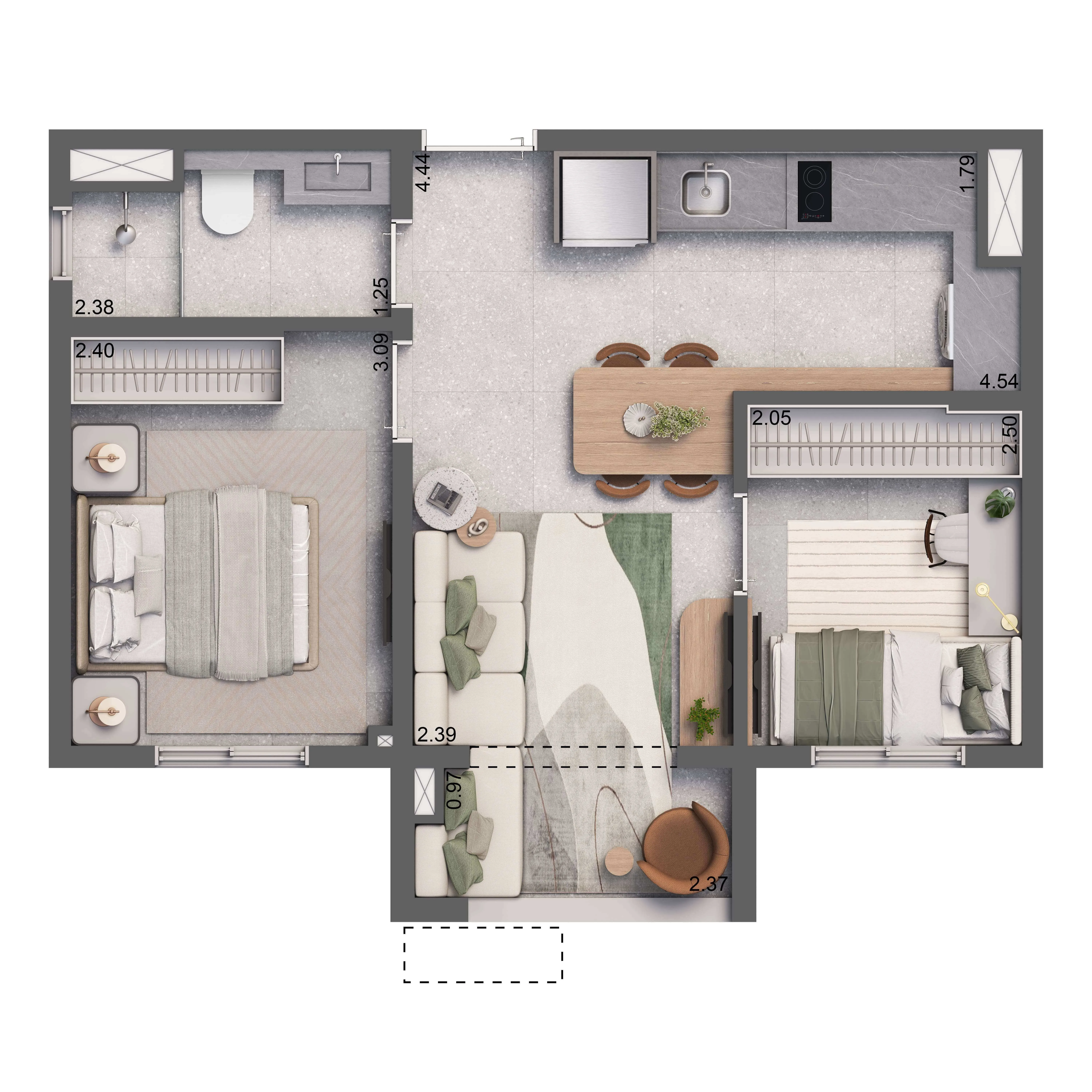 Planta Padrão com Terraço 37m² | 2 dorms.