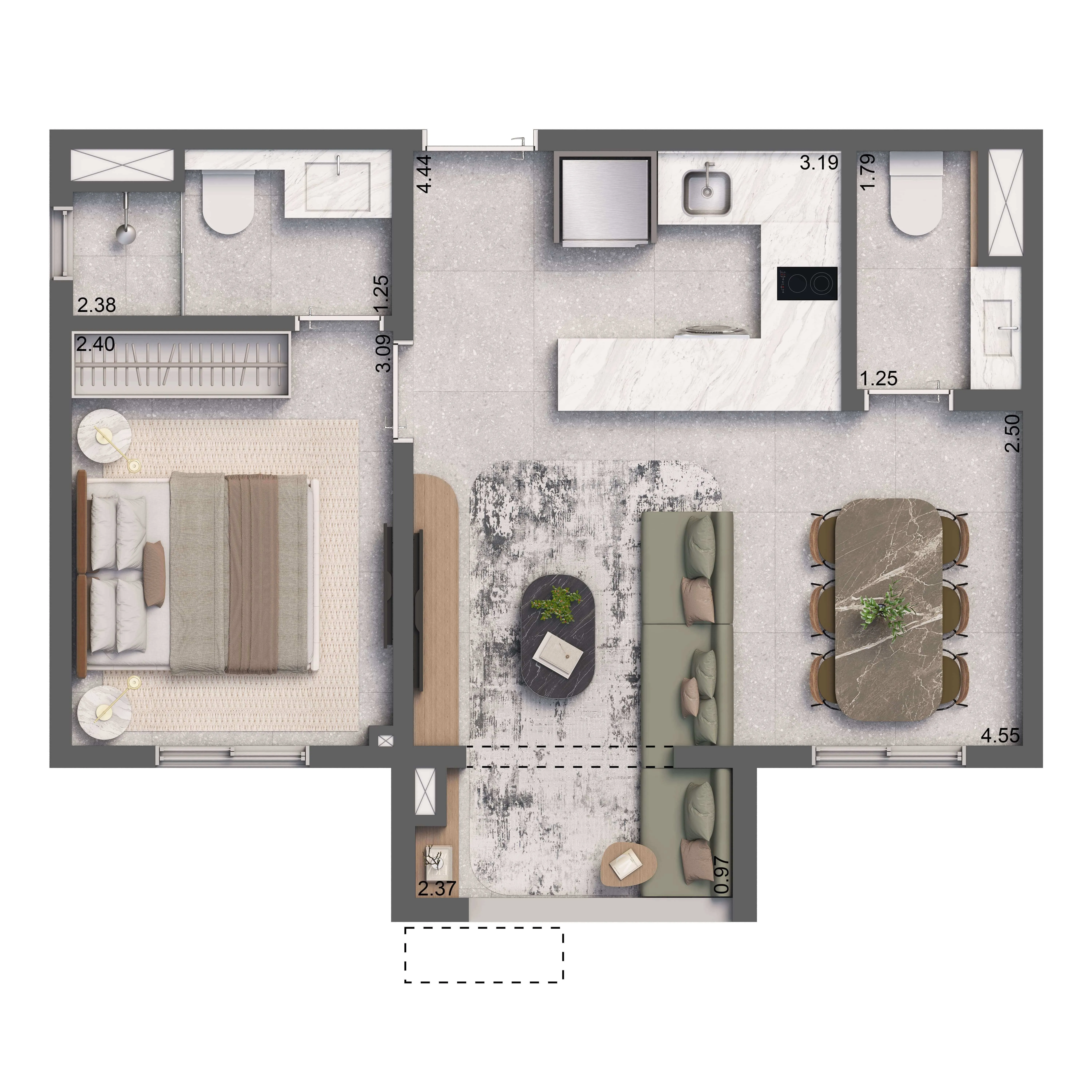 Planta Opção com Terraço 37m² | 1 suíte