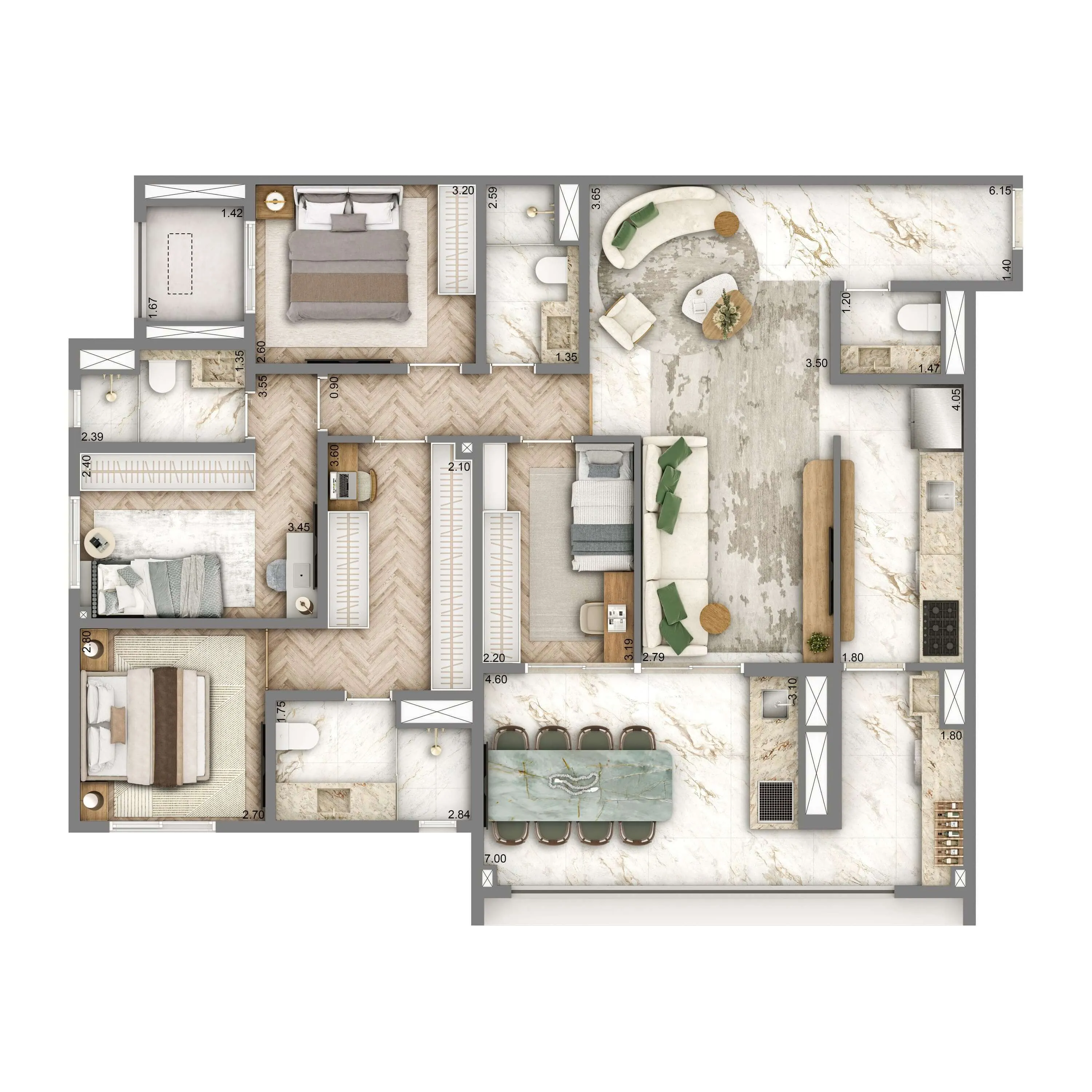 Planta Opção 128m² | 4 dorms. | 2 suítes | 2 vagas