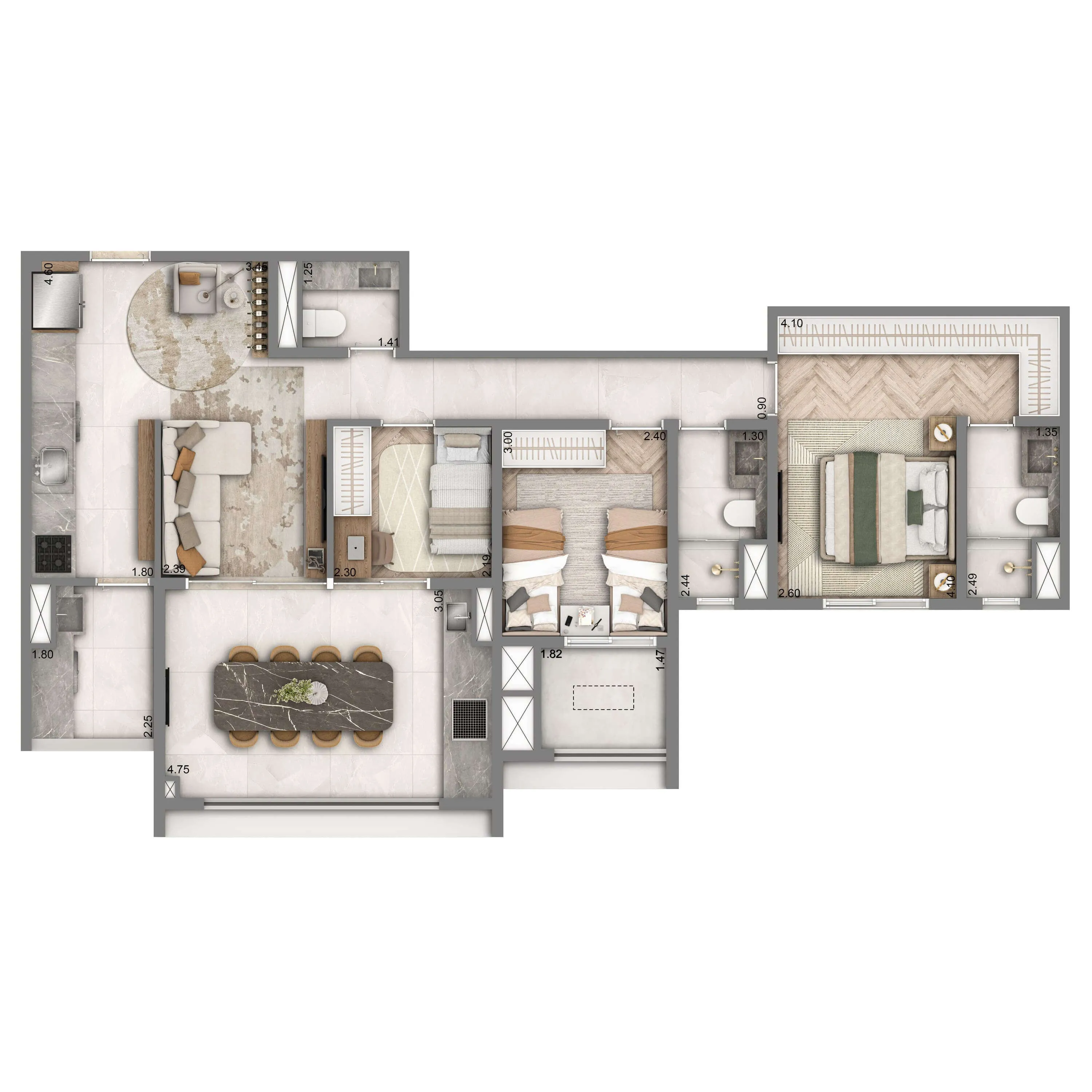 Planta Opção 90m² | 3 dorms. | 1 suíte | 1 vaga