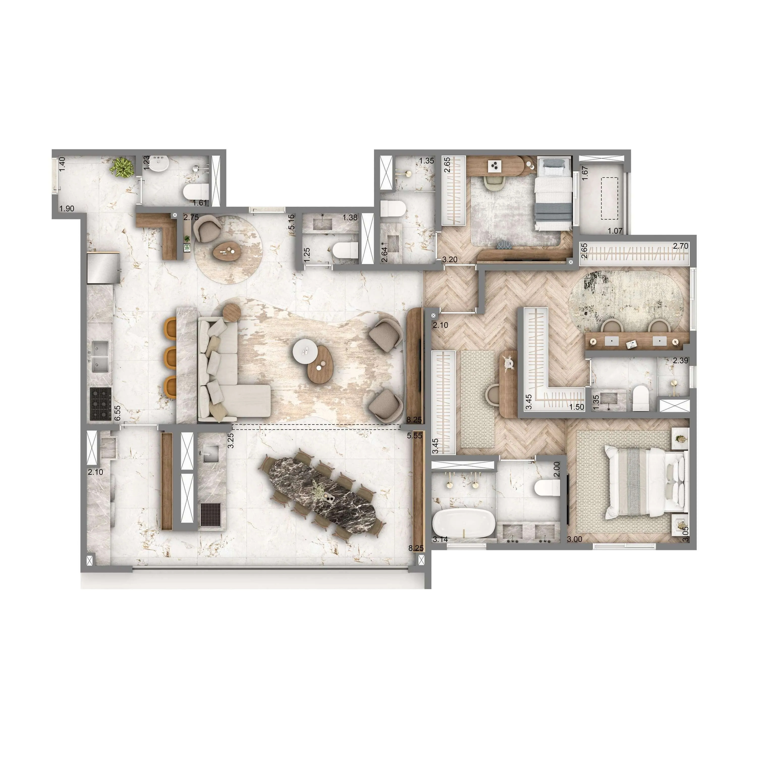 Planta Opção 140m² | 2 suítes | Banho Sr. e Sra. | 2 vagas