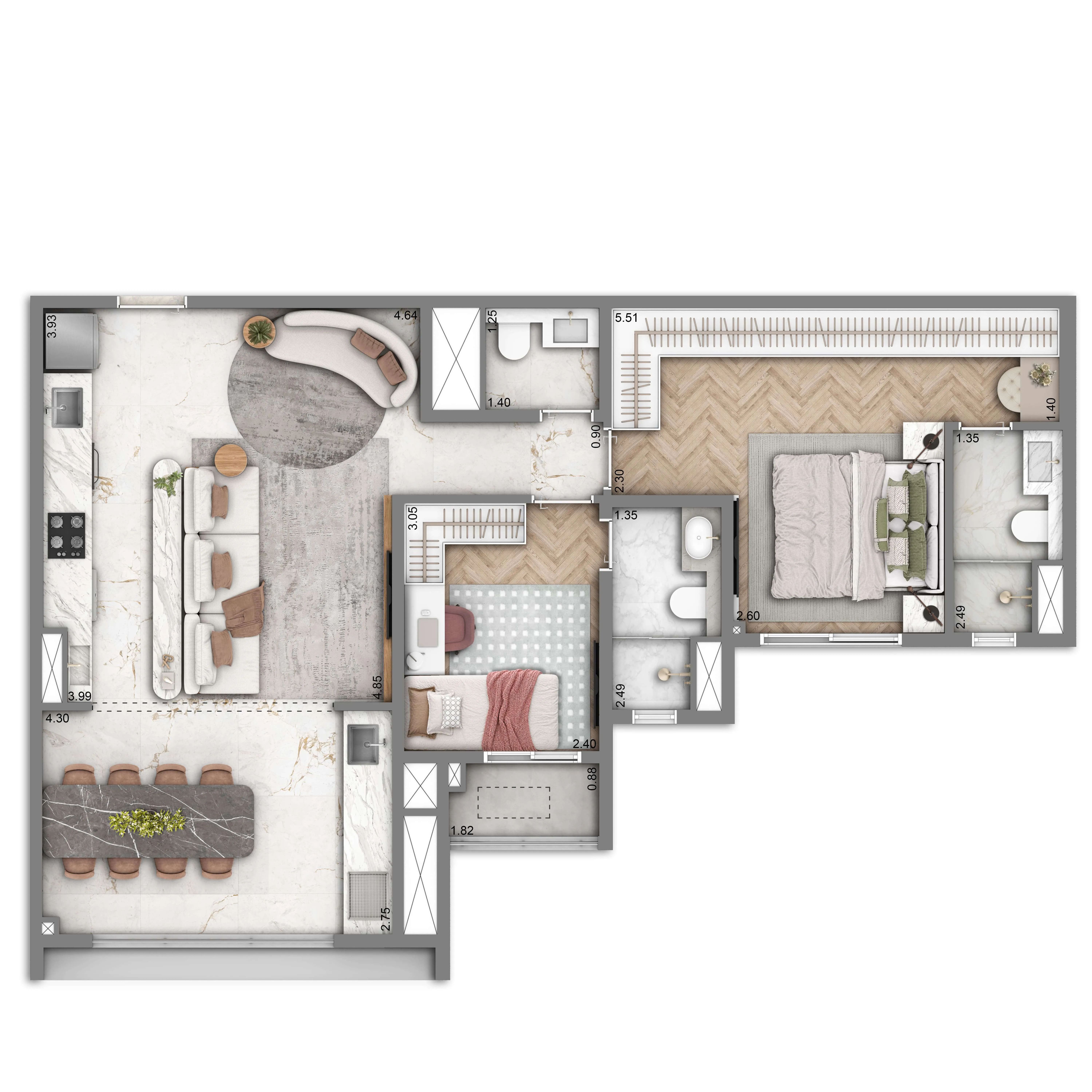 Planta Padrão 77m² | 2 suítes | 1 vaga