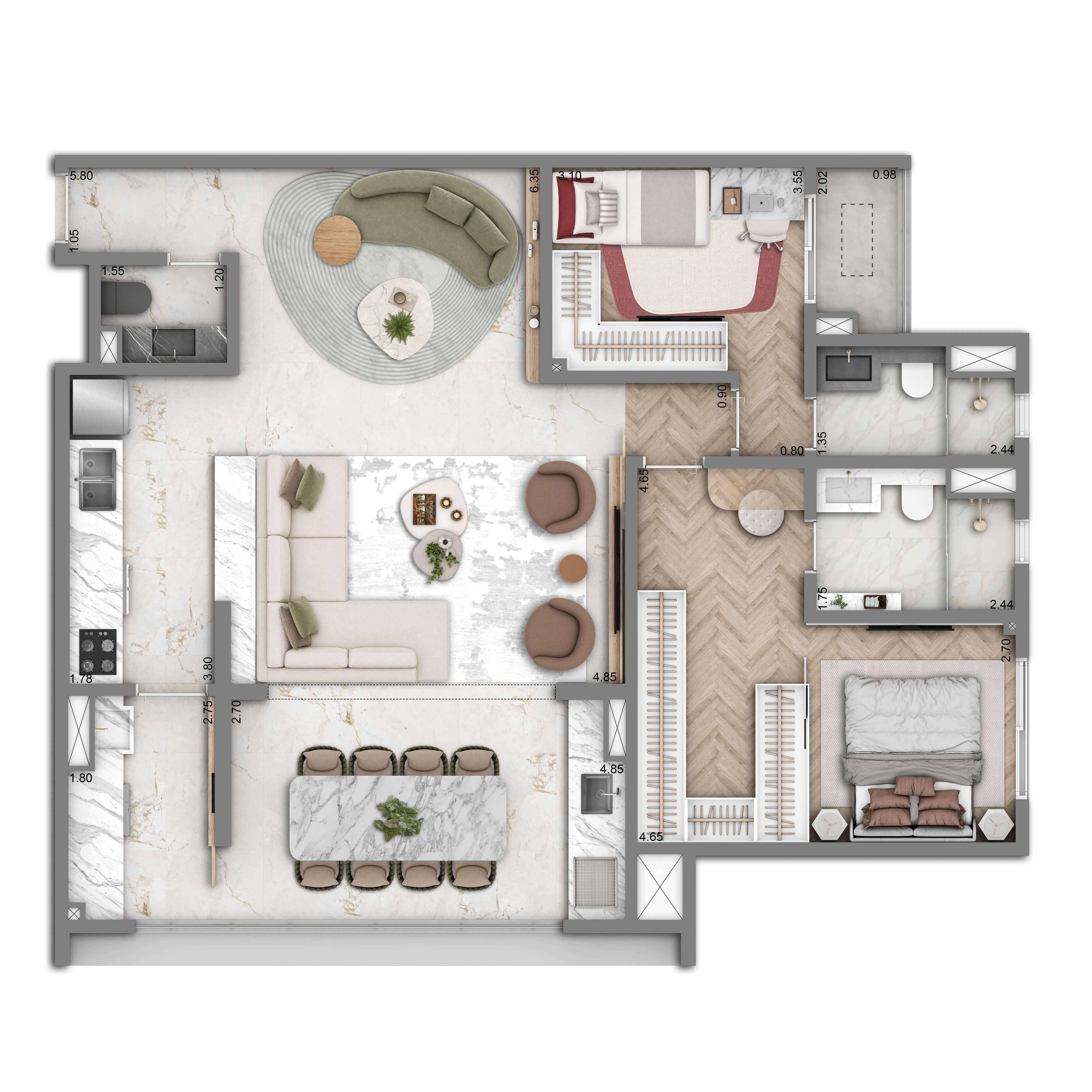 Planta Padrão 104m² | 2 suítes | Cozinha Integrada | 2 vagas