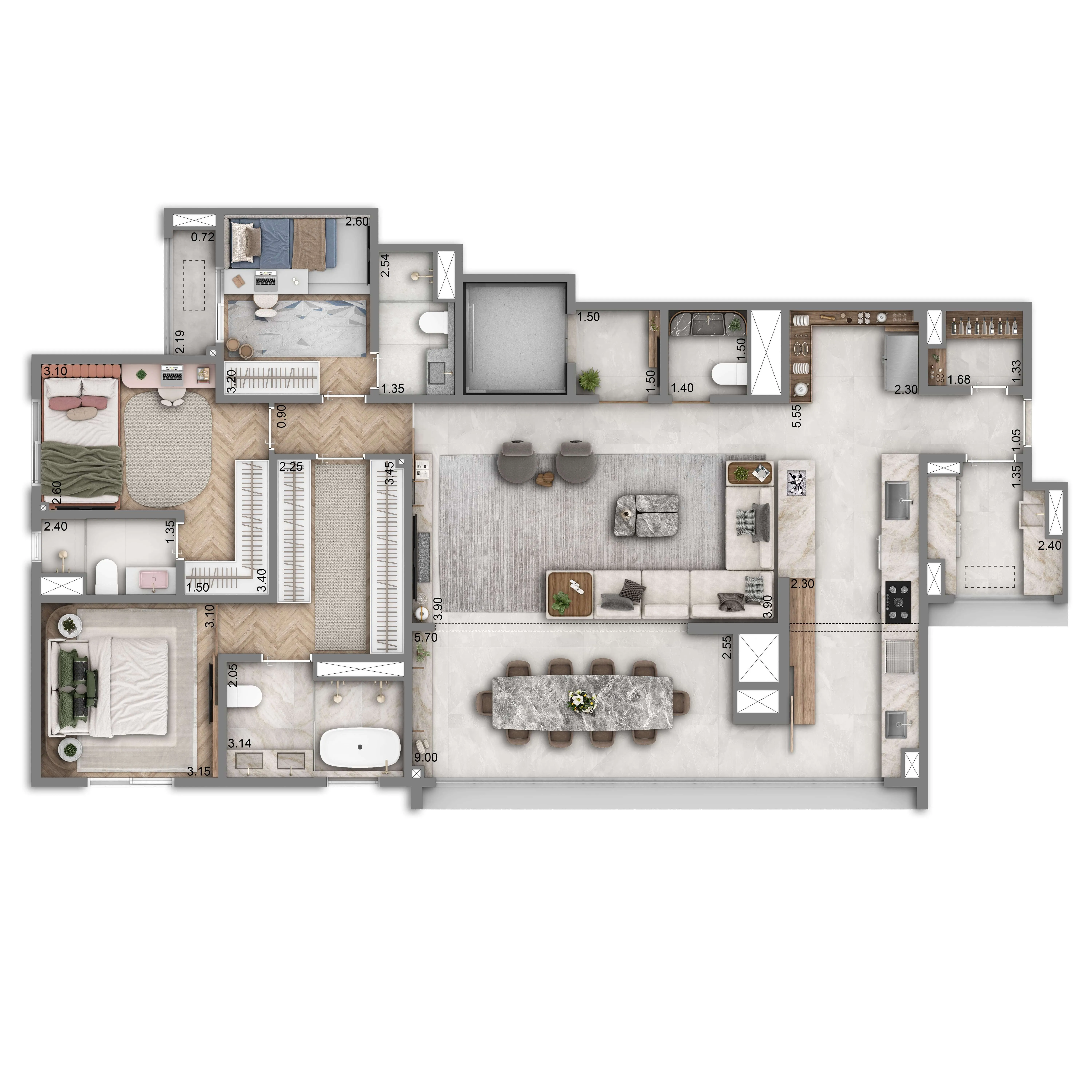 Planta Padrão 147m² | 3 suítes | Cozinha Integrada | 2 vagas