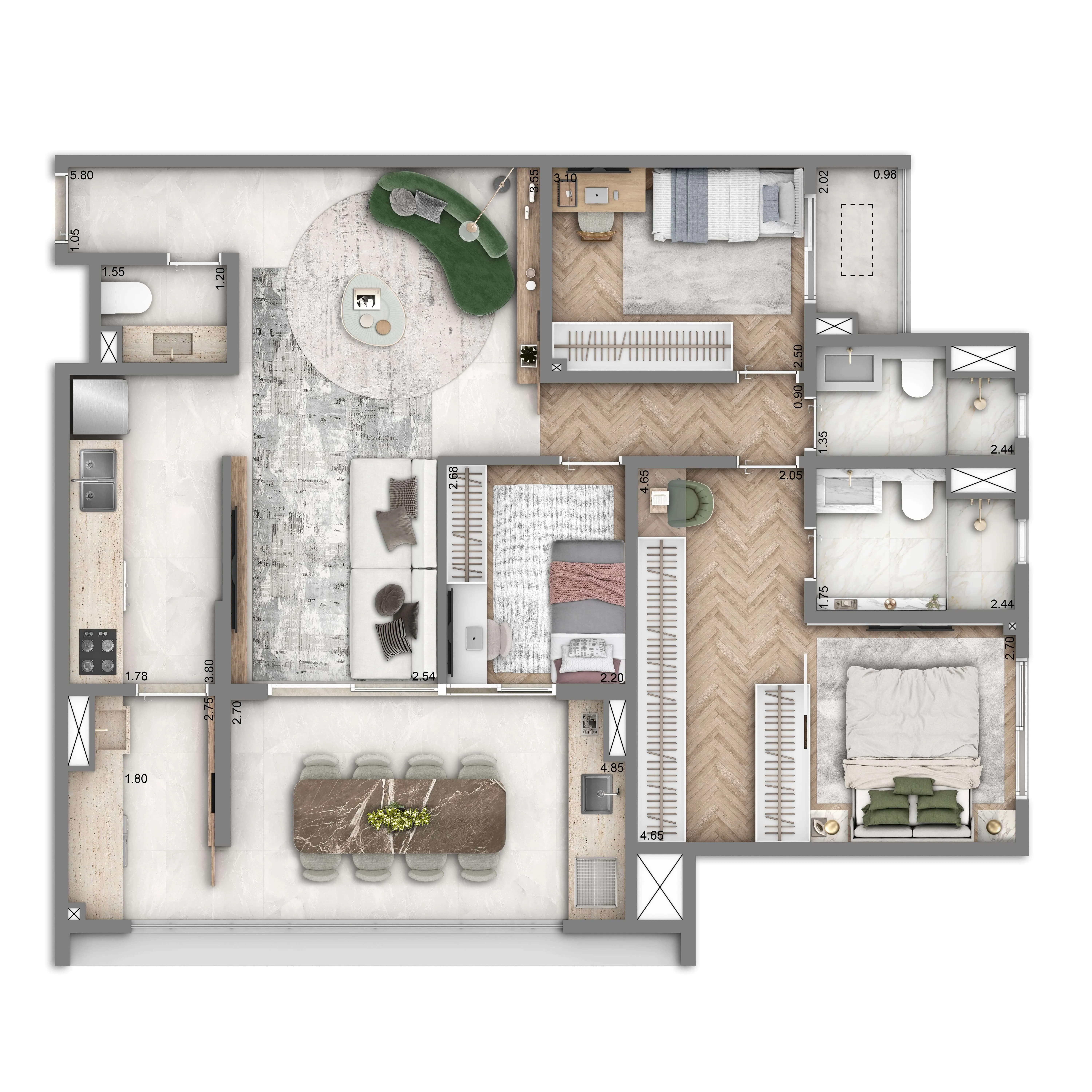 Planta Opção 105m² | 3 dorms. | 1 suíte | 2 vagas