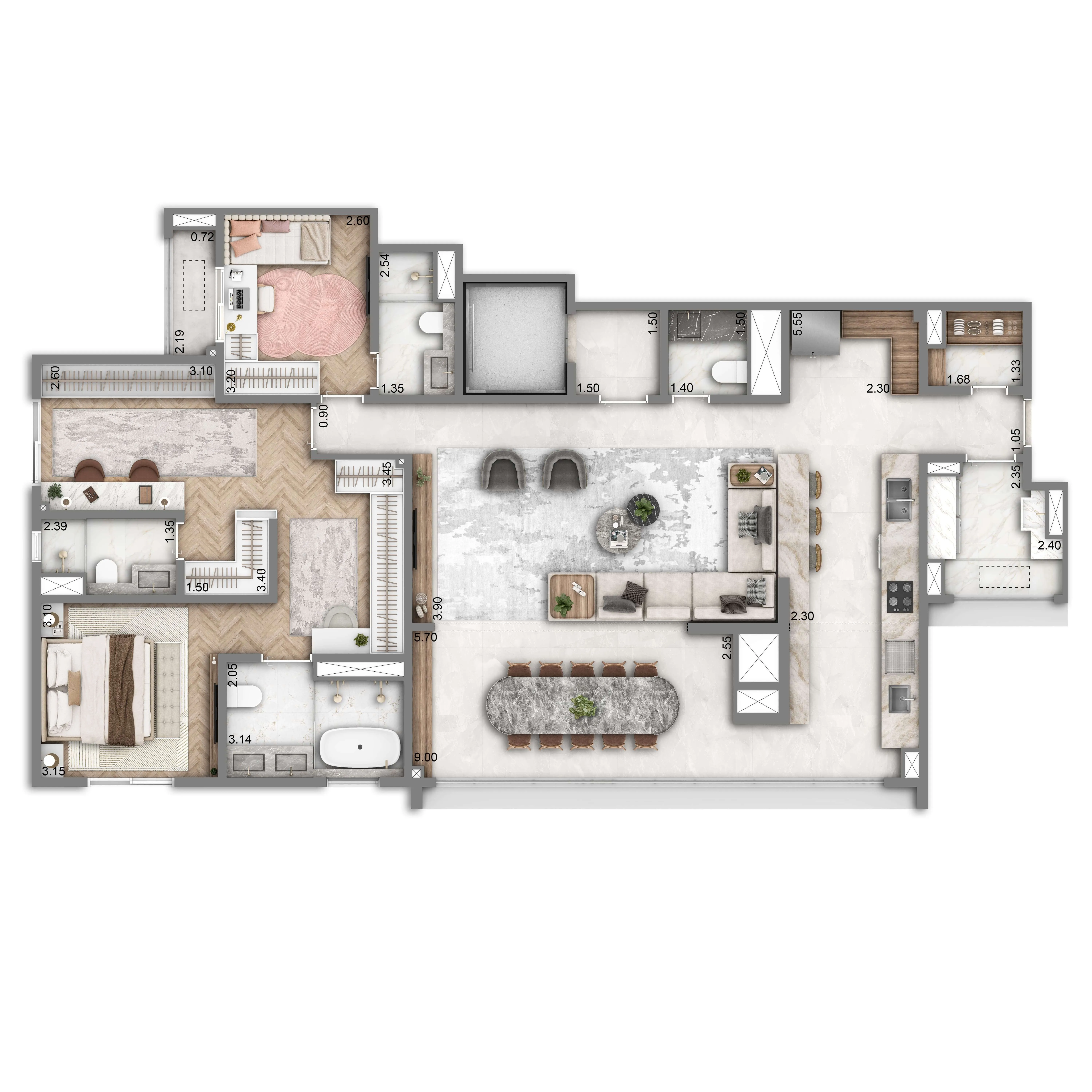 Planta Opção 2 147m² | 2 suítes | Cozinha Integrada | 2 vagas